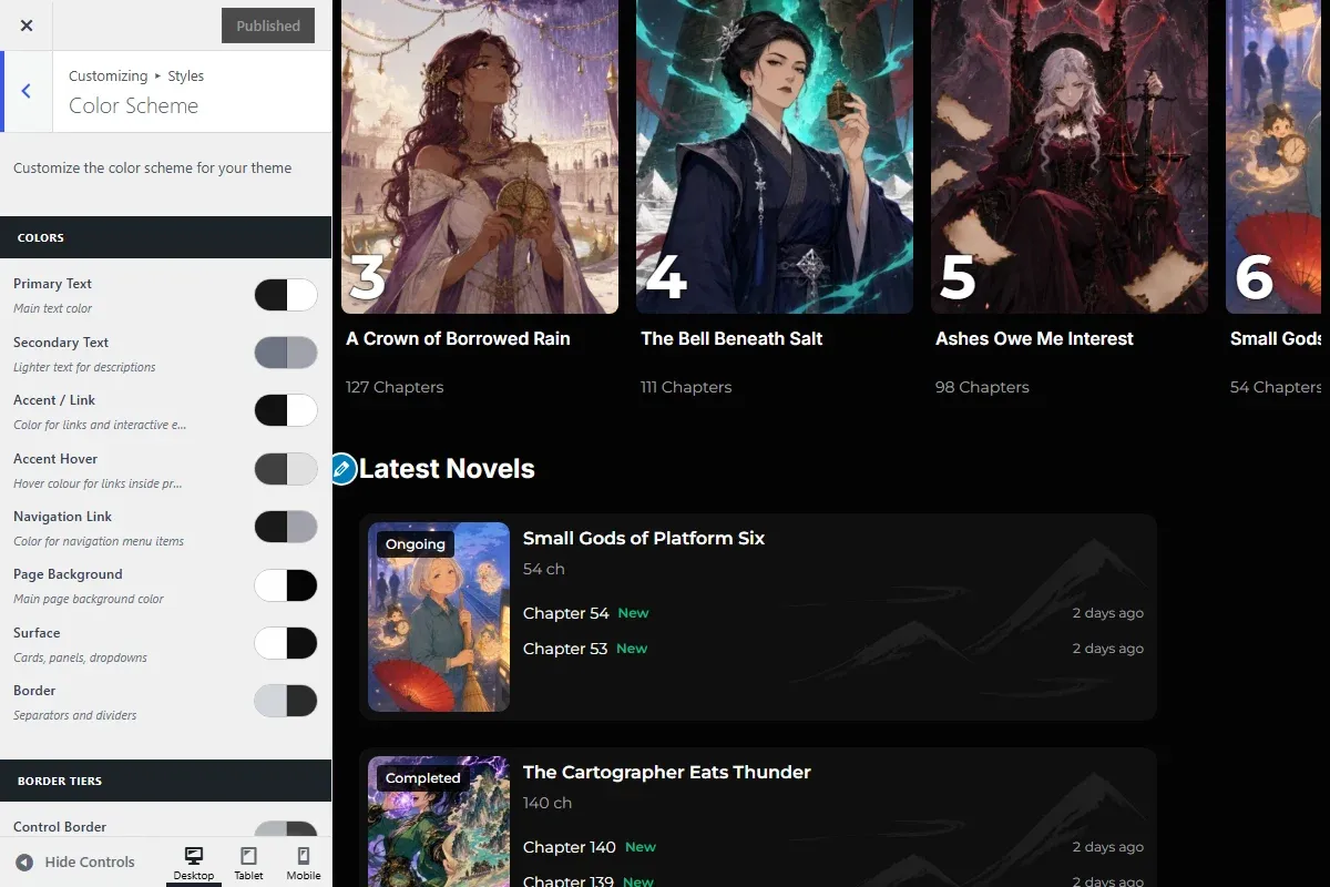 The WordPress Customizer colour panel beside a live preview of the site