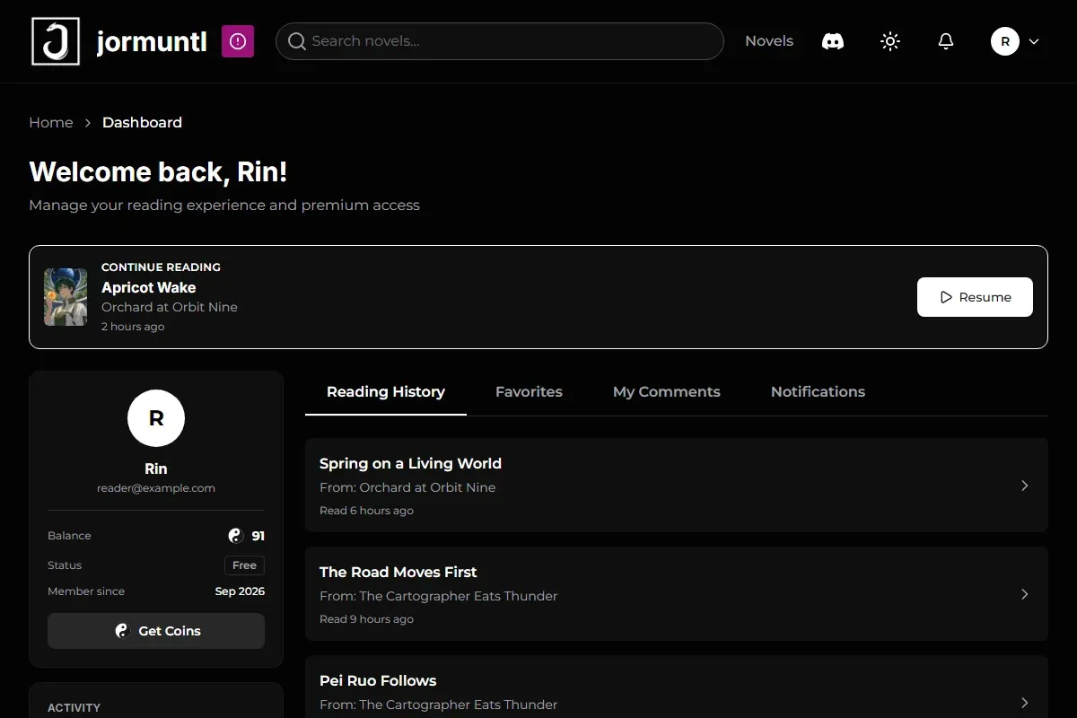 A reader dashboard: continue reading, reading history, favourites and a coin balance