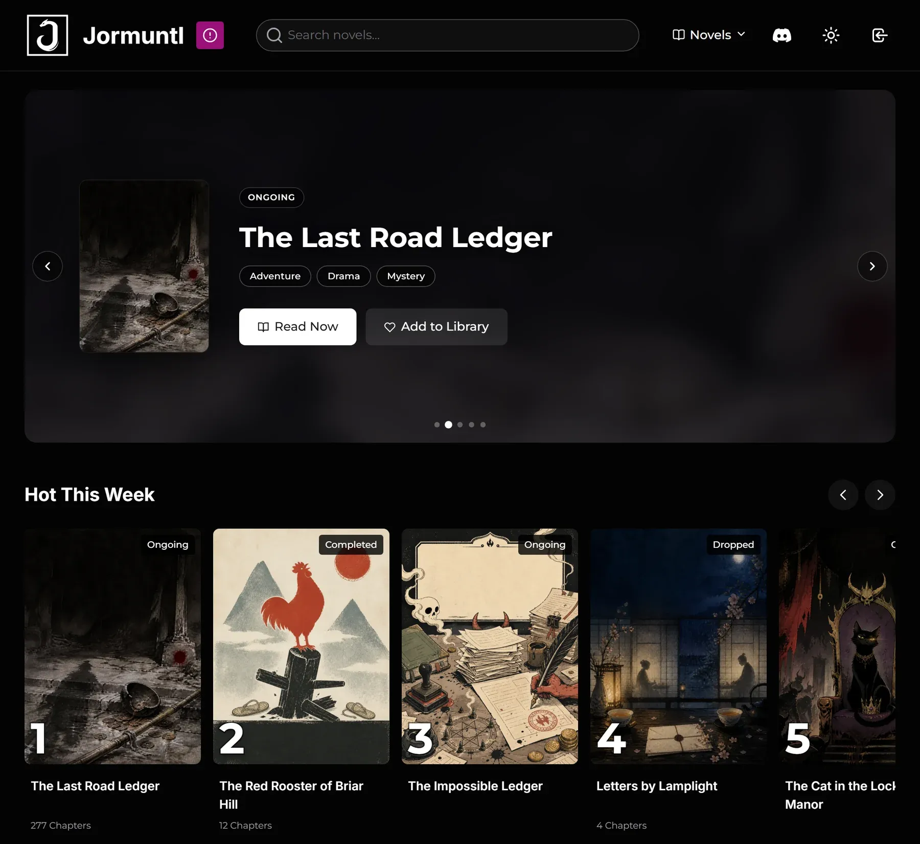 A JormunTL storefront: a featured ongoing serial above a ranked Hot This Week row with cover art and chapter counts
