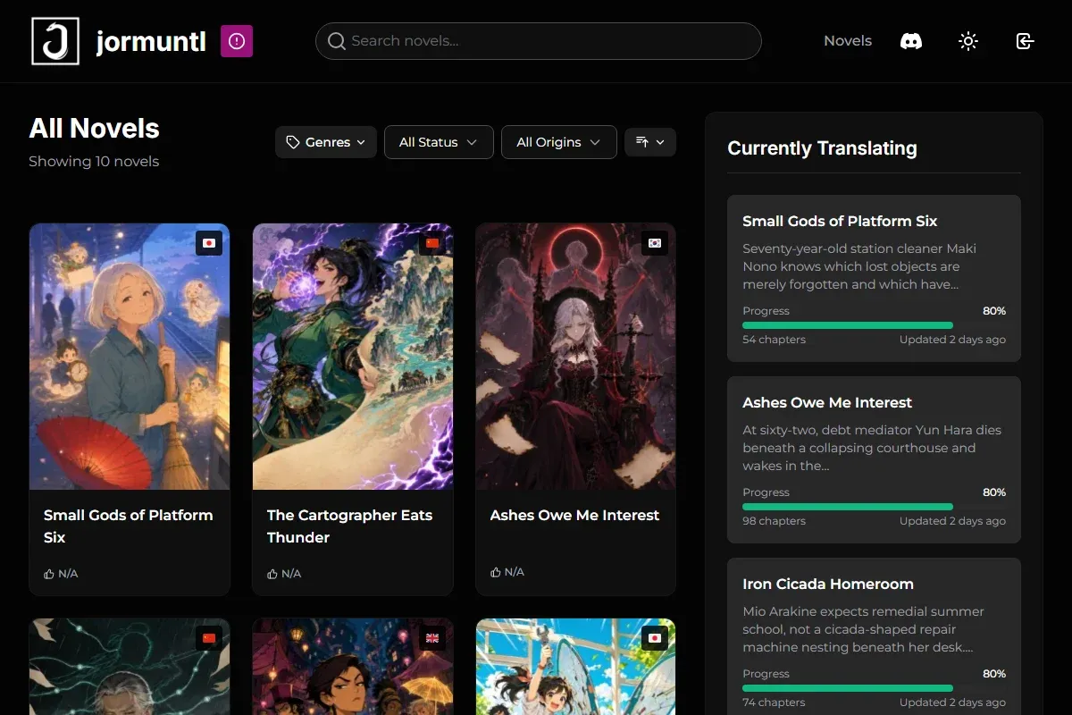 The library page: covers, genre and status filters, and a currently-translating panel