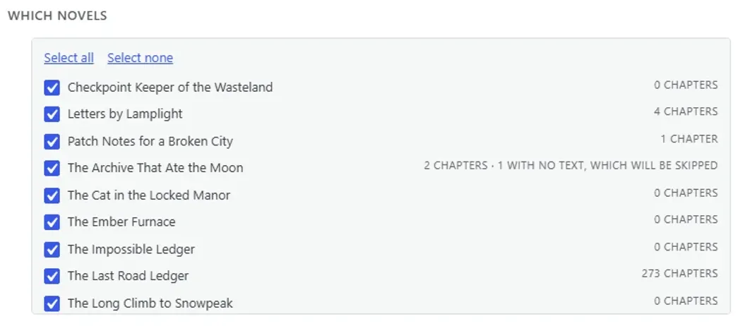 The migration's list of novels to bring across, each with its chapter count, and one marked as having a chapter with no text that will be skipped