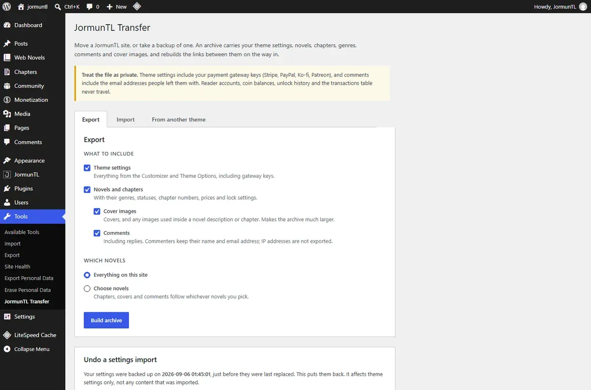 JormunTL Transfer: export, import and from-another-theme tabs with what to include