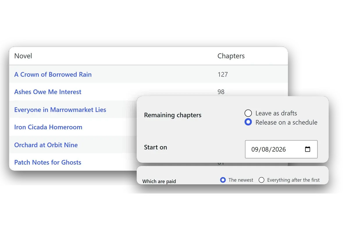 The update-existing-chapters tool listing novels and their chapter counts