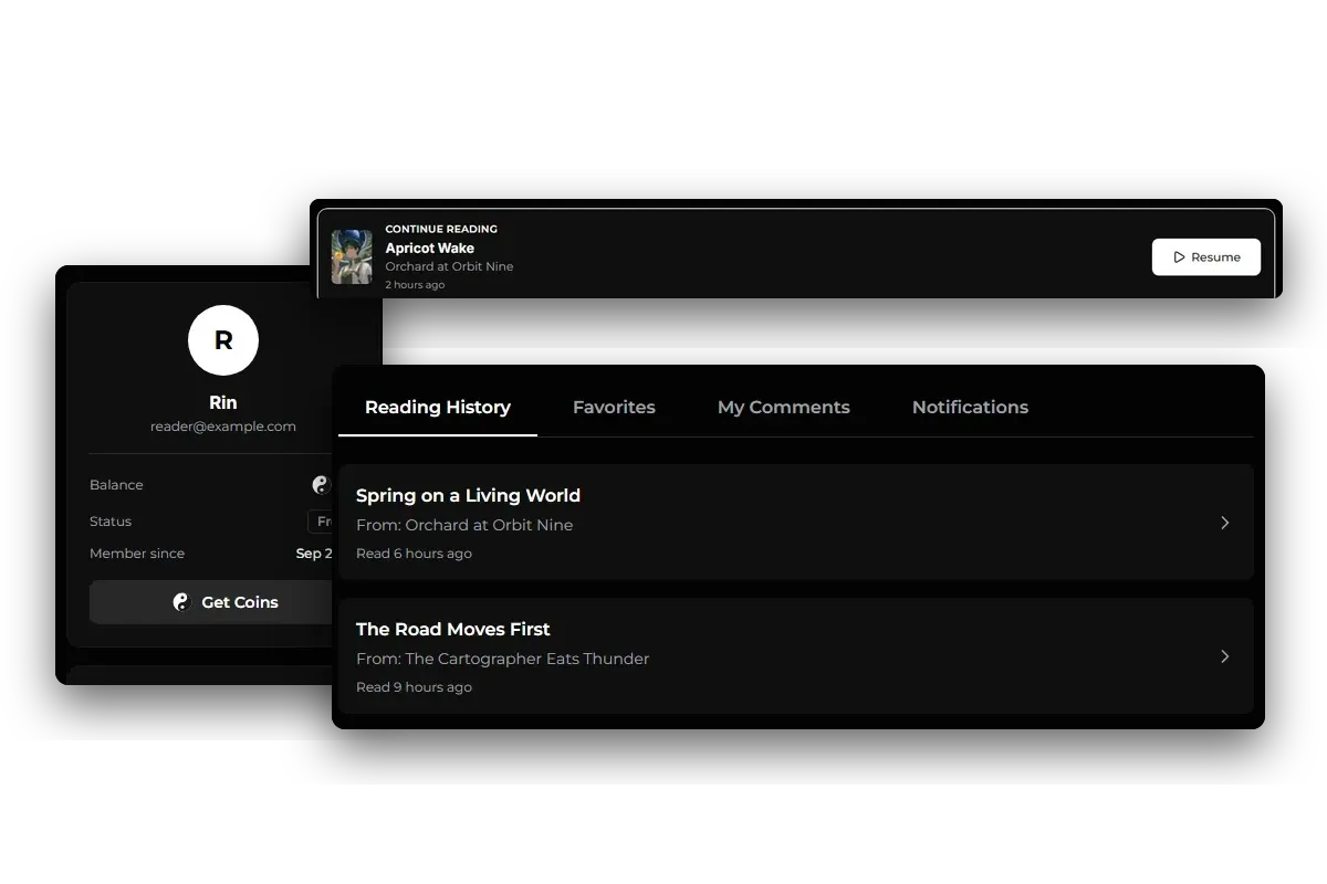 A reader dashboard showing continue reading, reading history, favorites and a coin balance