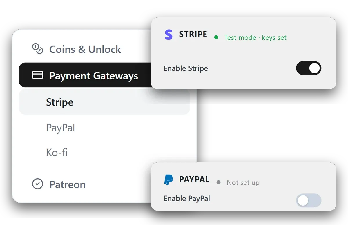 The monetization settings screen with Stripe, PayPal, Ko-fi and Patreon