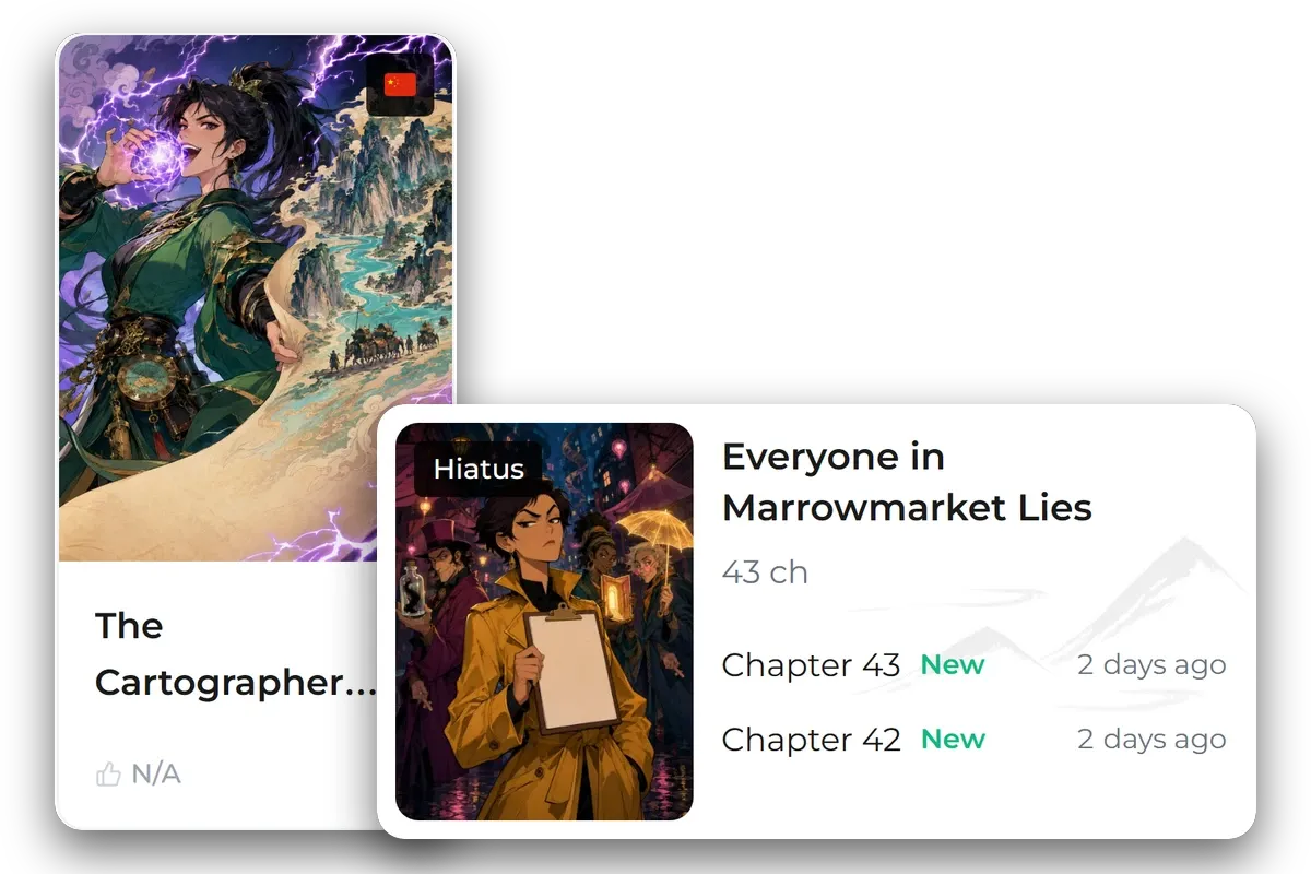 The same novel library shown as a cover grid and, in a second window, as a list
