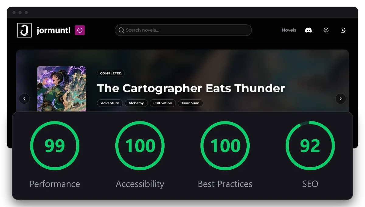 The live demo in a browser, with its Lighthouse scores: performance 99, accessibility 100, best practices 100, SEO 92
