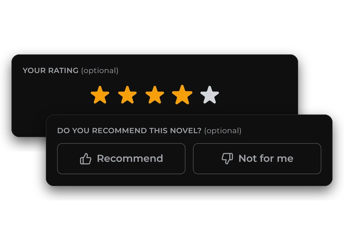The review form rating a novel four stars, and the same form asking whether the reader recommends it