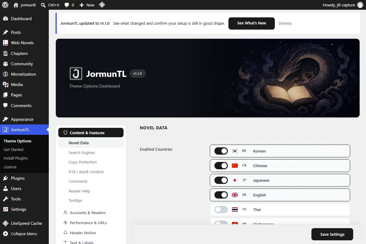 The JormunTL theme options dashboard with content and monetization settings