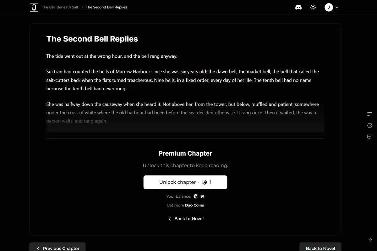 A locked chapter: the text fades out above the unlock price and the reader coin balance