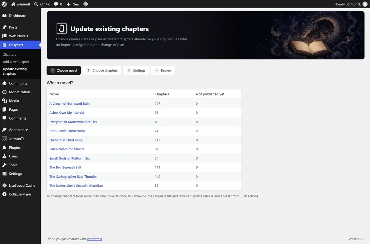 The update-existing-chapters tool listing ten novels and their chapter counts
