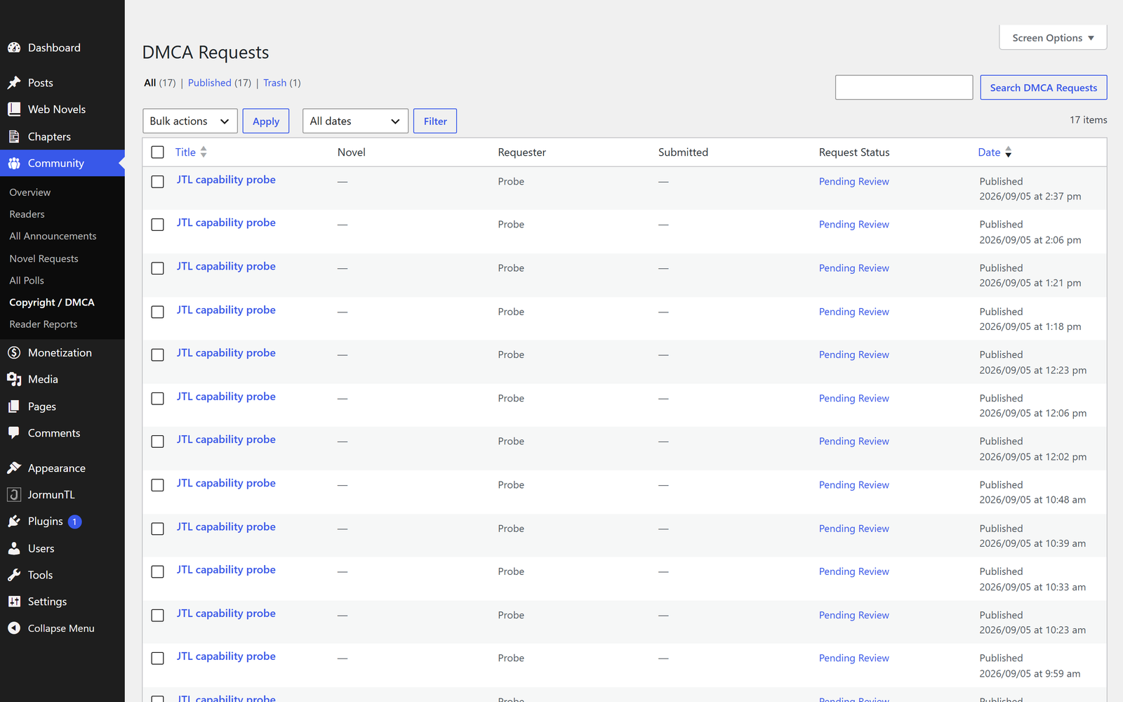 The Copyright and DMCA queue, listing received notices with their status