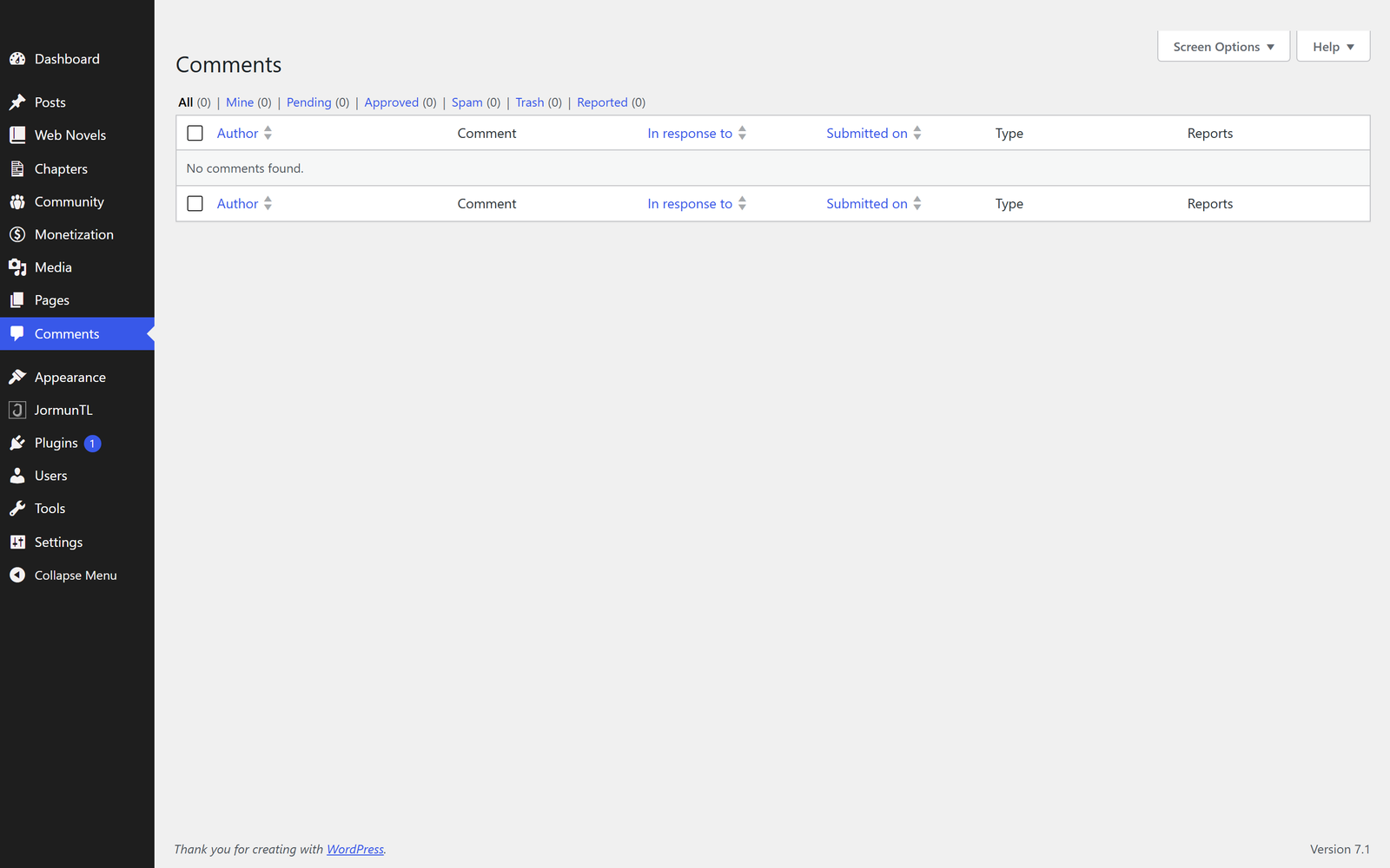The WordPress Comments screen, where every comment is approved, replied to or binned