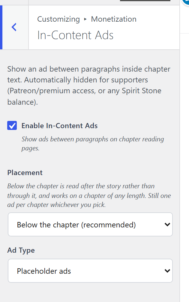 The In-Content Ads pane