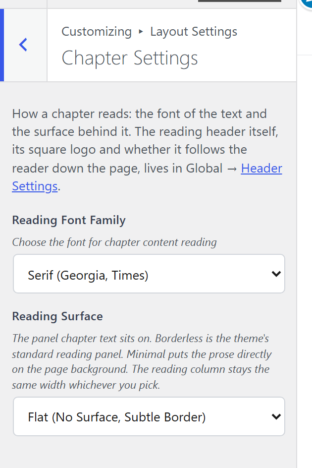 The Chapter pane: reading font family and the reading surface