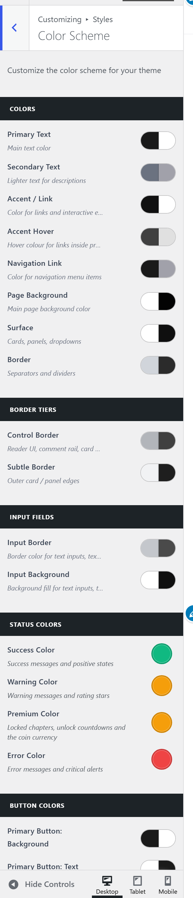 The Color Scheme pane: text and surface colours, link underlines, border tiers, input fields, status colours and button colours