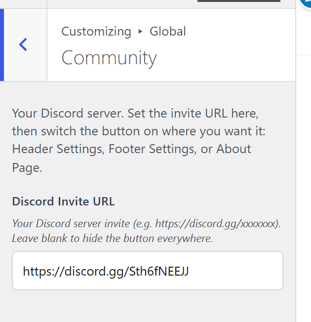 The Community pane, with the Discord invite URL