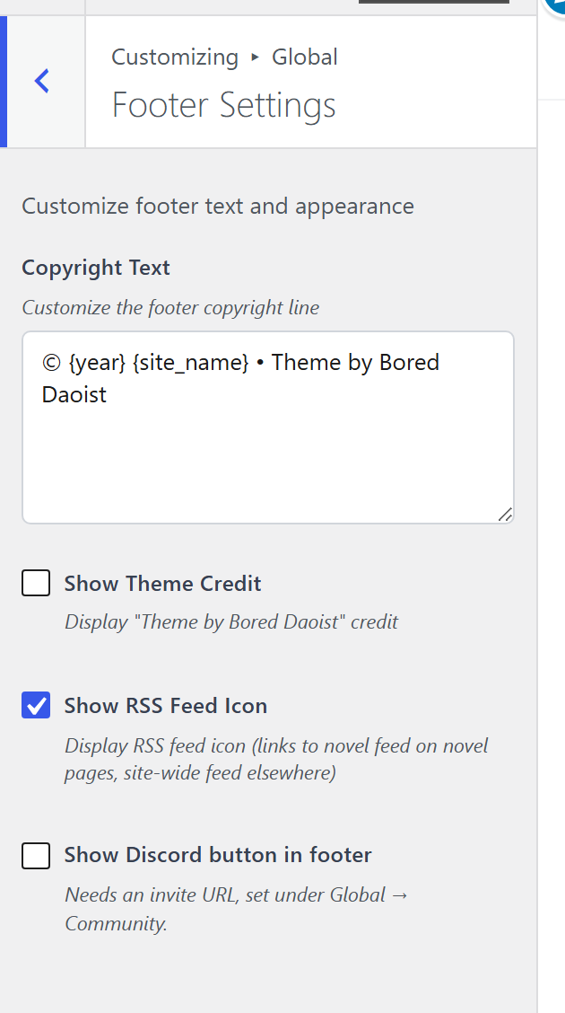 The Footer pane: copyright text, theme credit, the RSS icon and the footer Discord button
