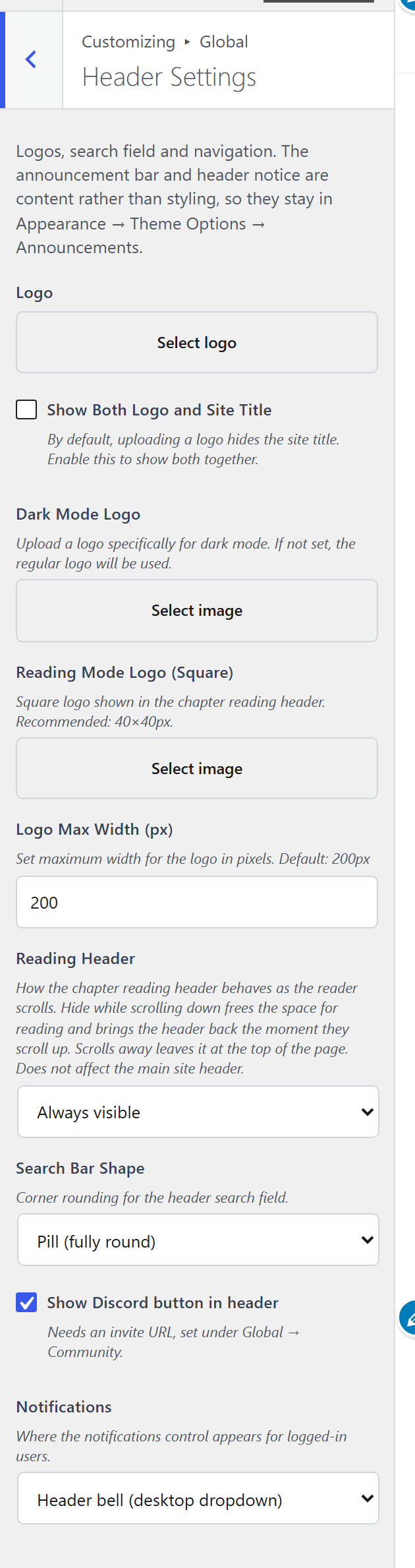 The Header pane: reading header behaviour, notifications, the Discord button, logo options and the search bar shape