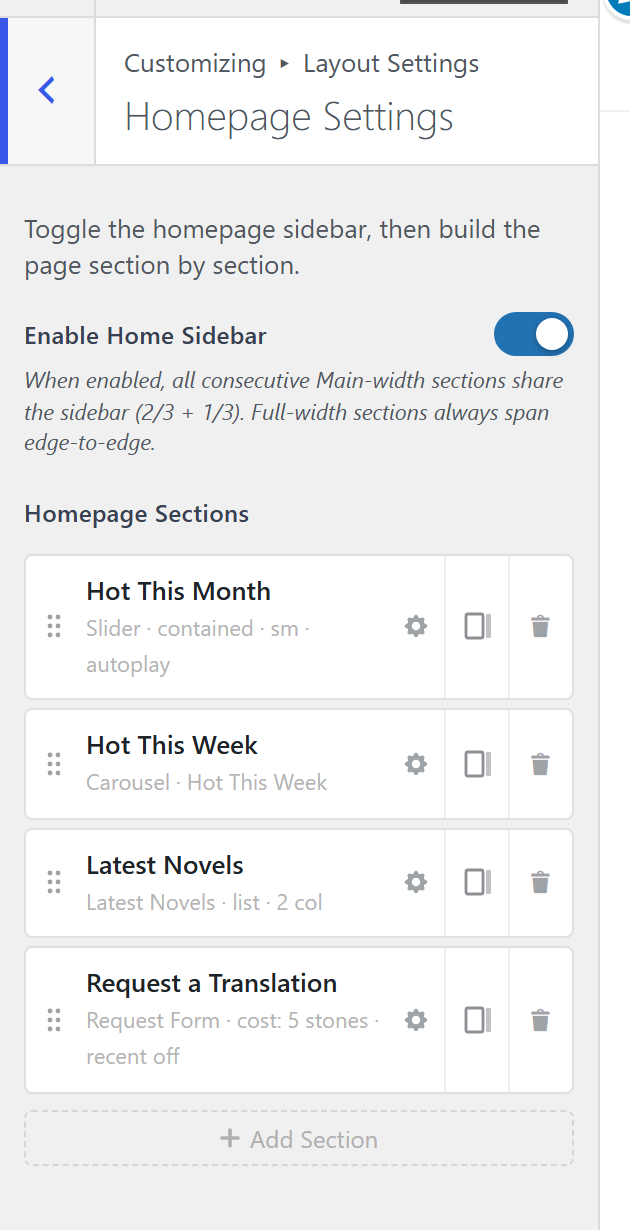 The Homepage pane, with the section builder and the sidebar switch