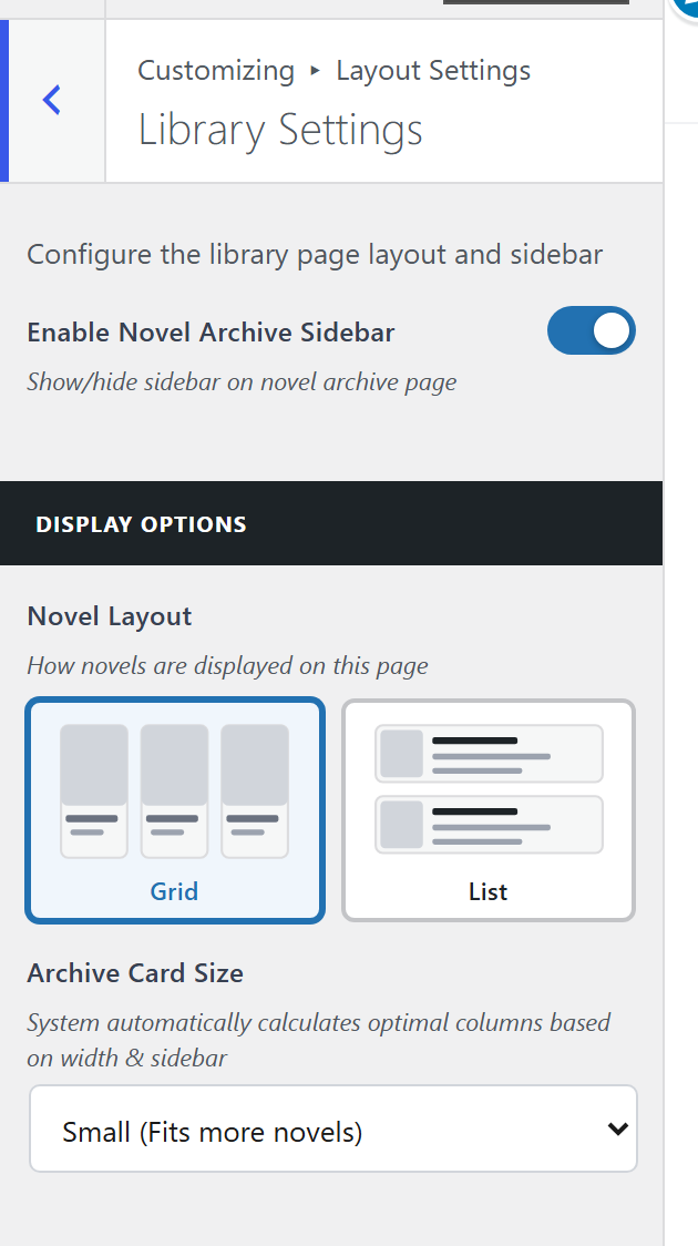 The Library pane: library sidebar, display options, layout, card size and list columns
