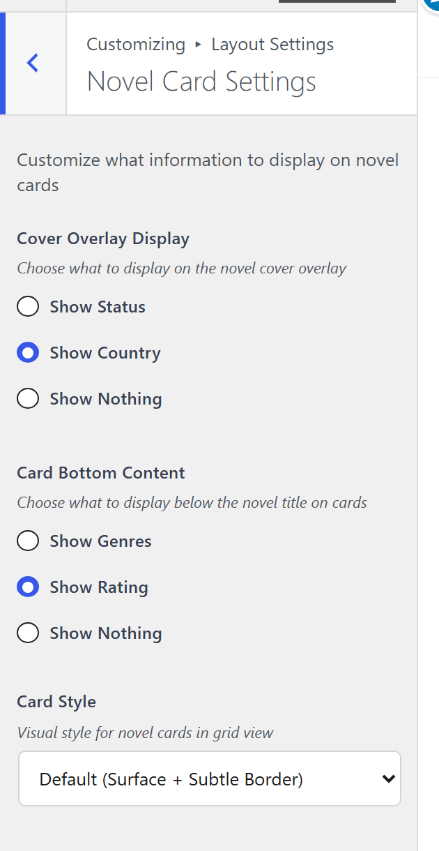 The Novel Cards pane: cover overlay, bottom content, genre tag limit and card style