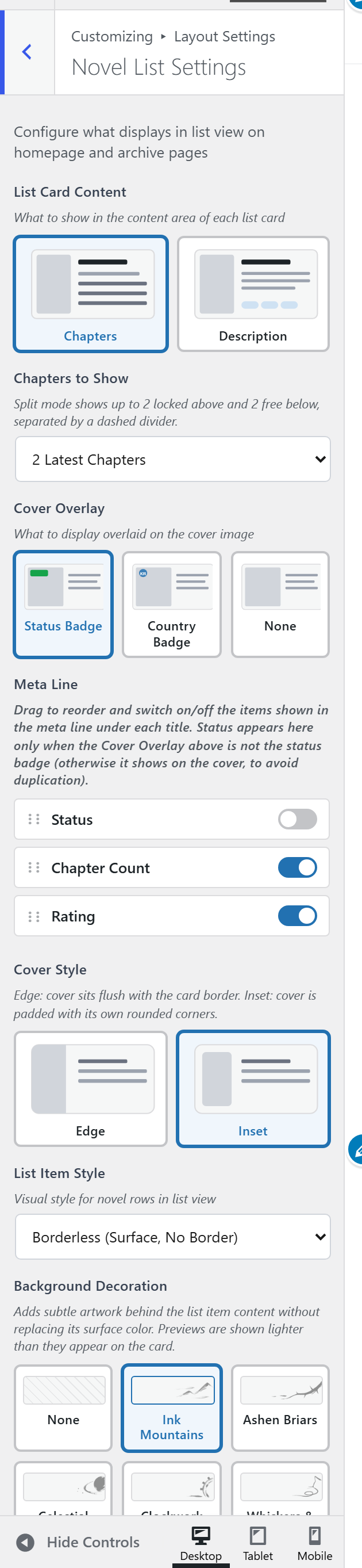 The List View pane: card content, chapters shown, overlay, meta line and genre tags