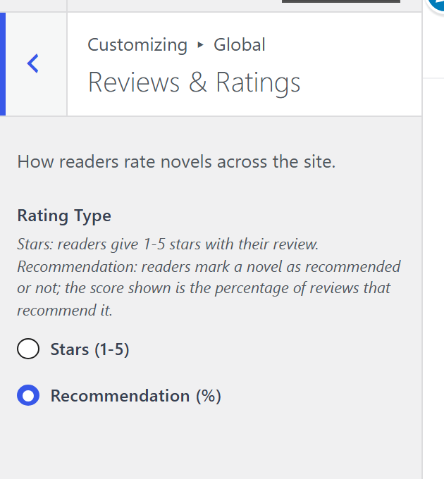 The Reviews and Ratings pane, with the rating type