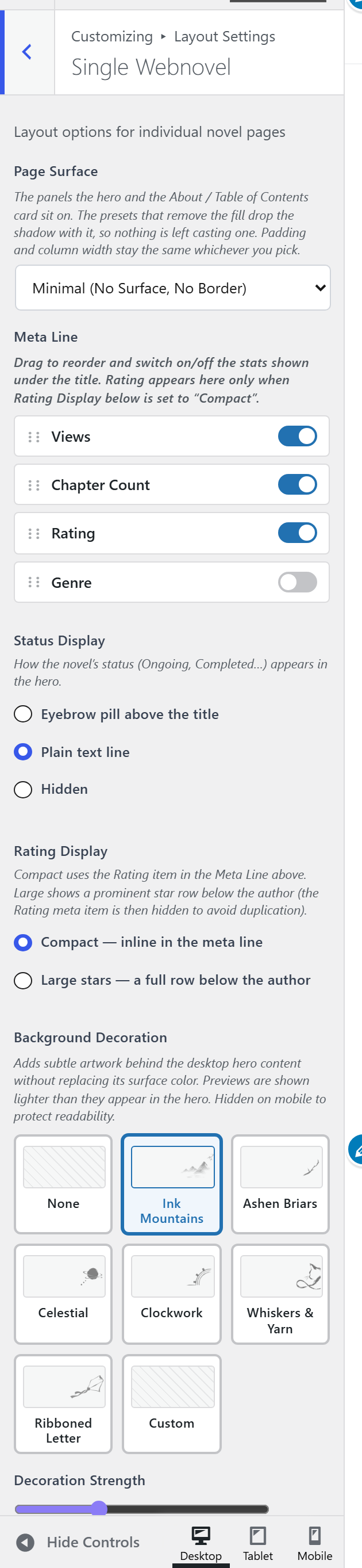 The Novel Page pane, with Hero Layout at the top and the settings grouped under The hero, Below the hero, and Artwork & surface