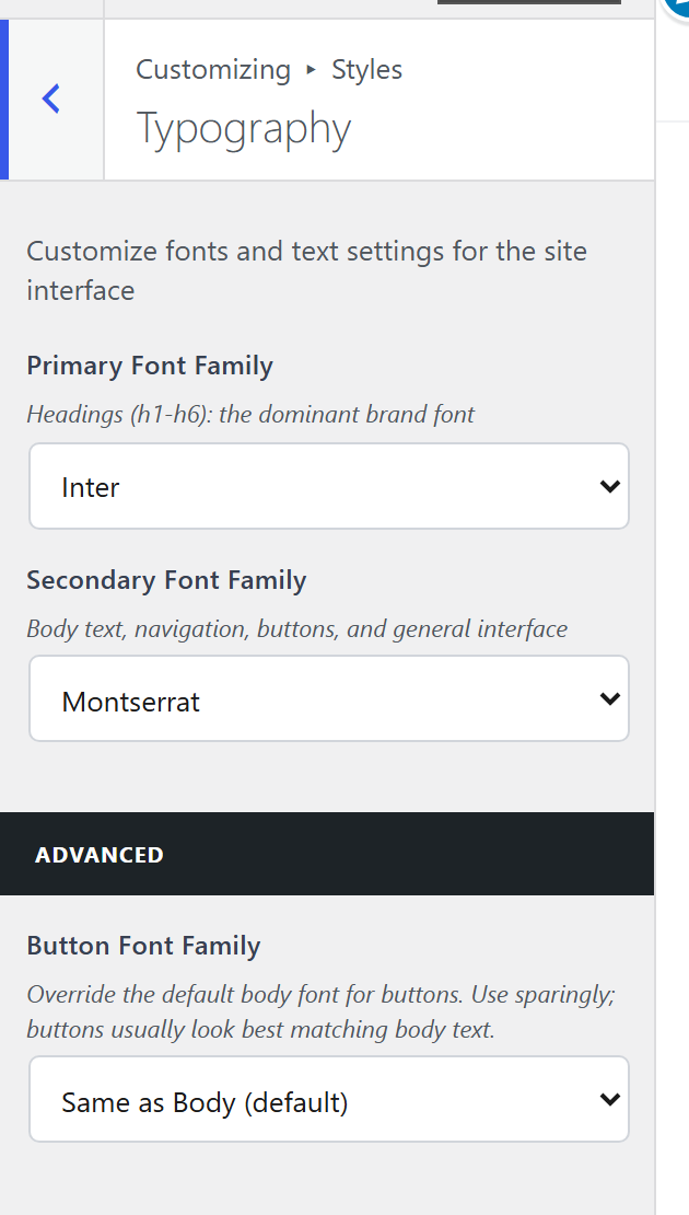 The Typography pane: primary, secondary and button font families