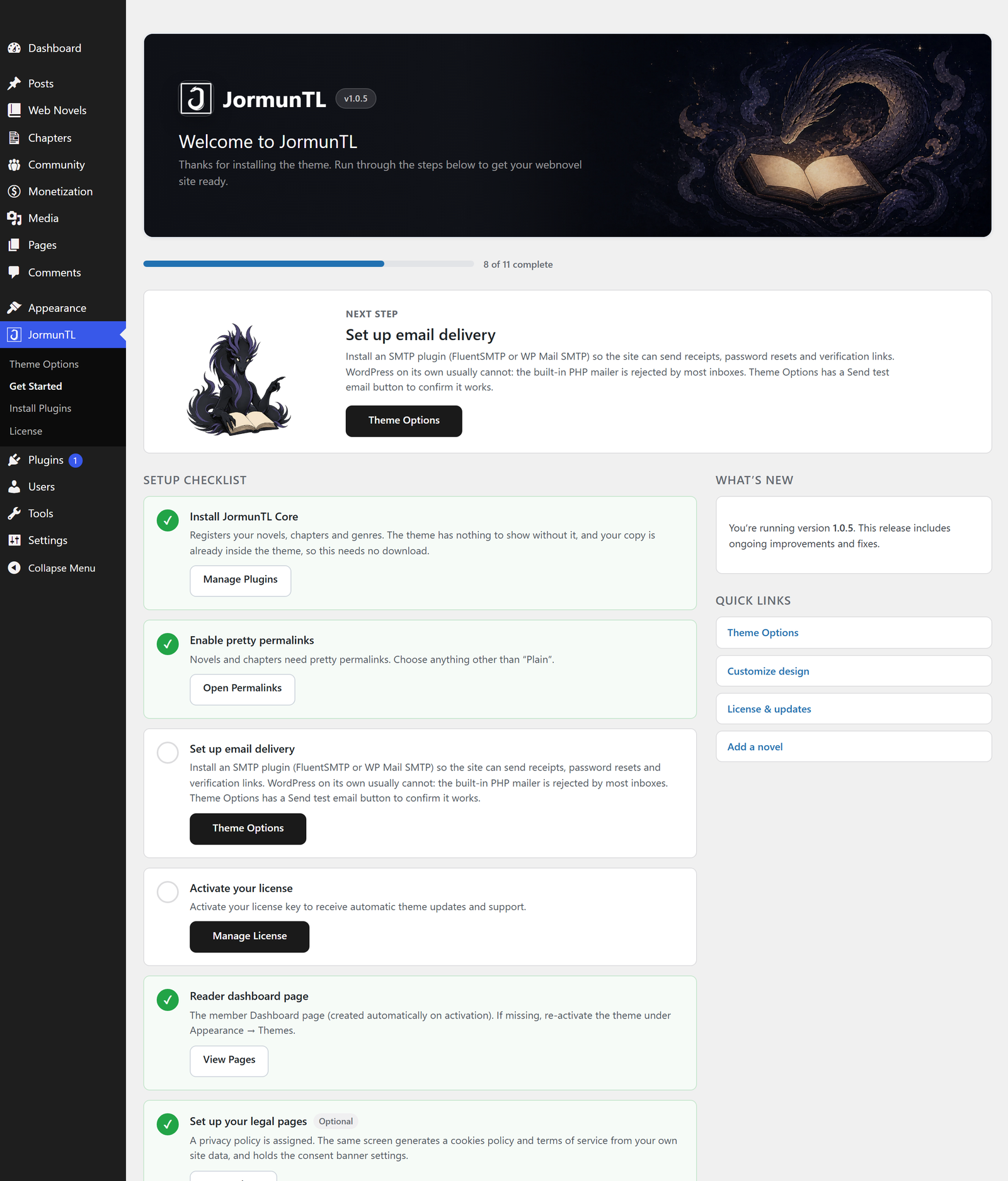 The Get Started screen, listing the setup steps with the ones already done ticked off