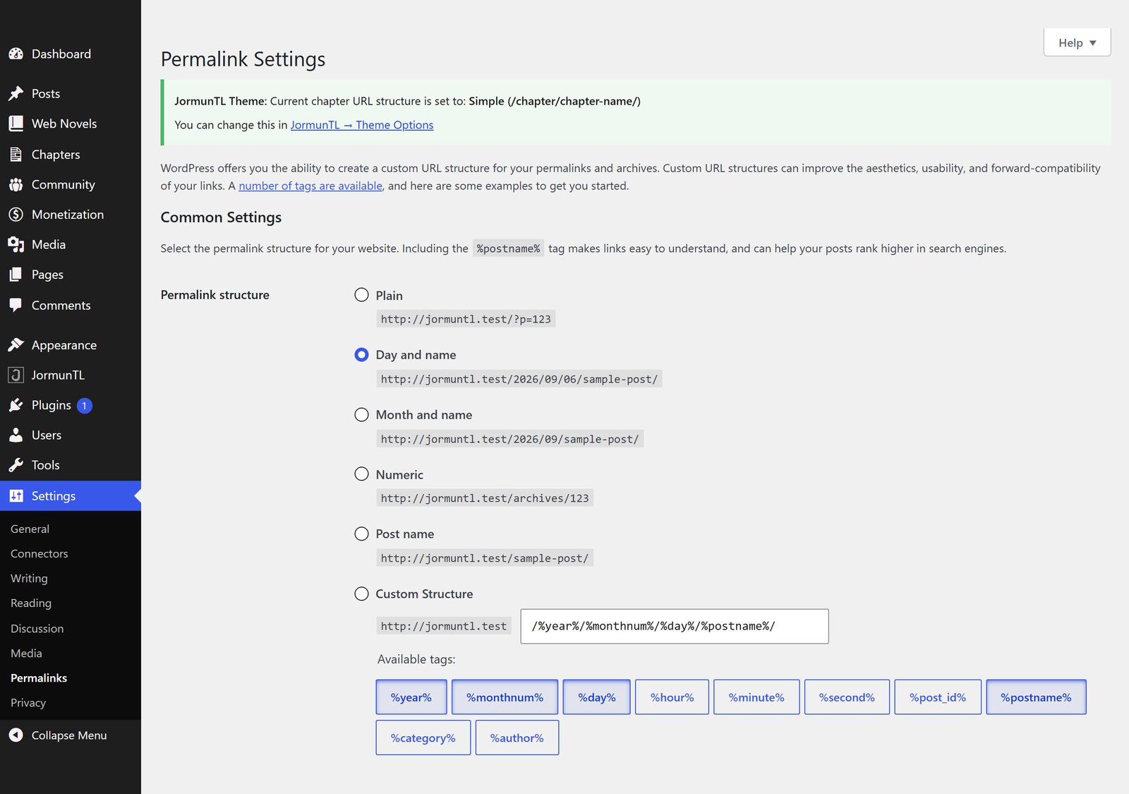 The WordPress Permalinks settings, with the structure options and Plain at the top