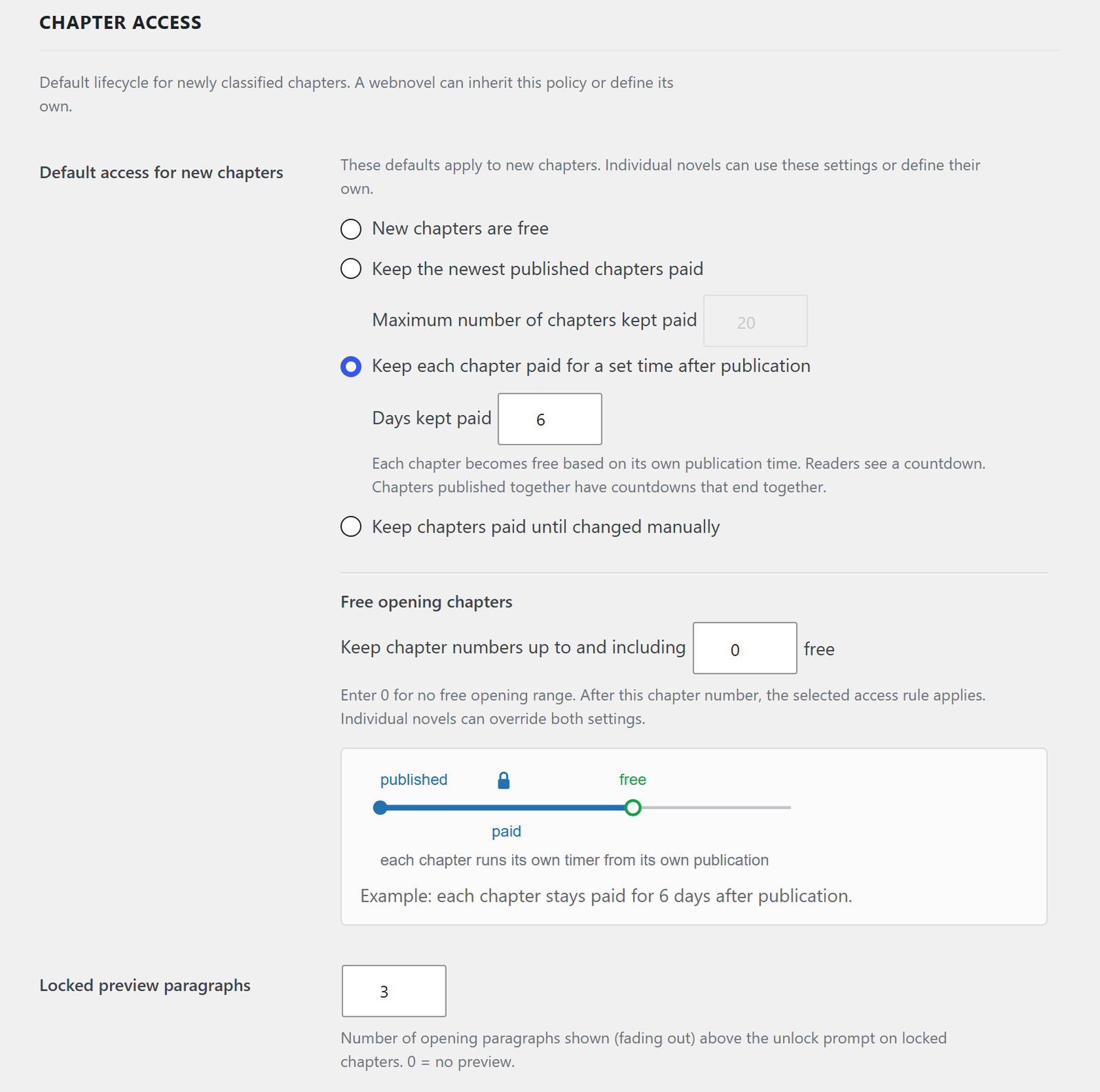 The Chapter Access settings: four access rules, a free opening range with a diagram, and the locked preview paragraph count
