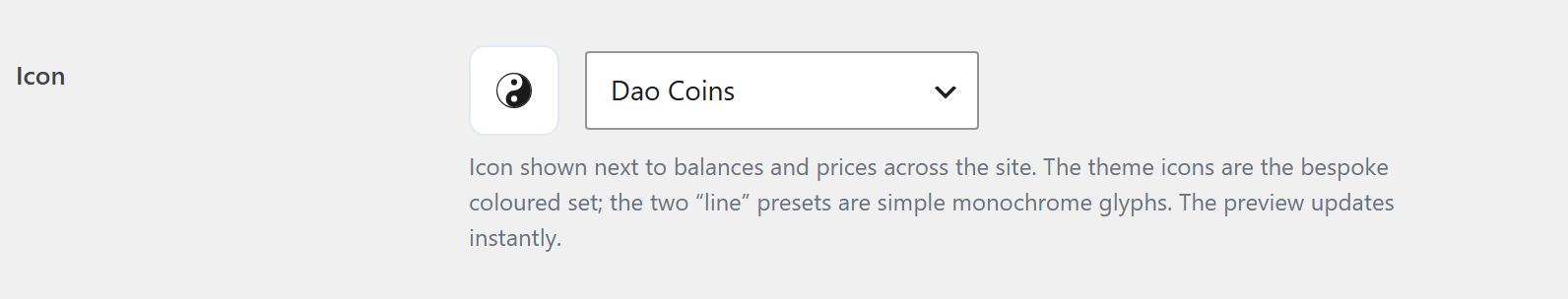 The Icon field: a preview swatch beside a dropdown naming the currency, with help text underneath