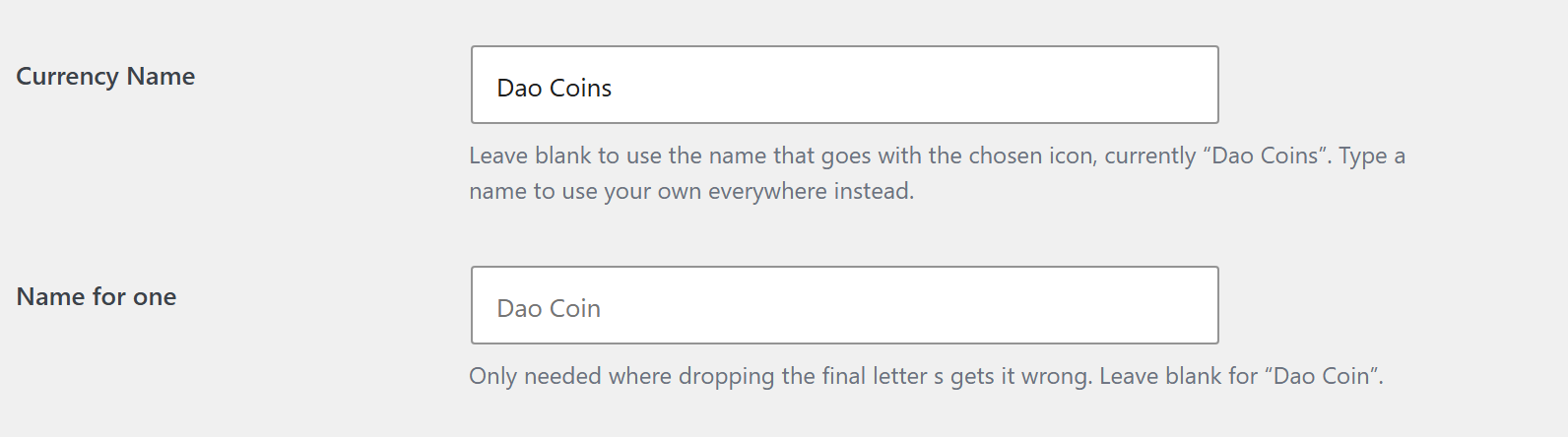 The Currency Name and Name for one fields, each with the help text explaining what an empty box falls back to