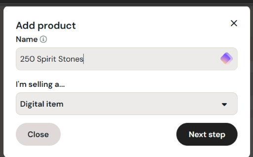 Ko-fi's Add product dialog: the name and "Digital item"