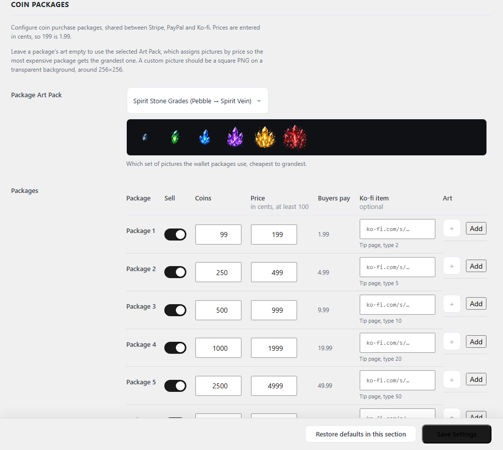 The packages table with the Ko-fi item column: each row shows whether it sells as a shop item or through the tip page