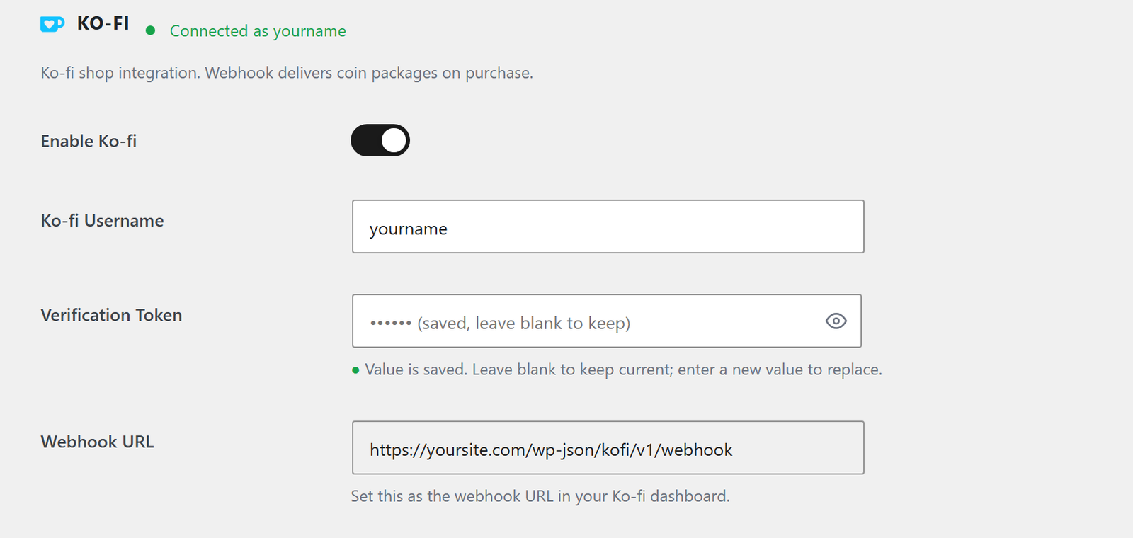 The Ko-fi card, showing the connected status, the username, the verification token and the webhook URL