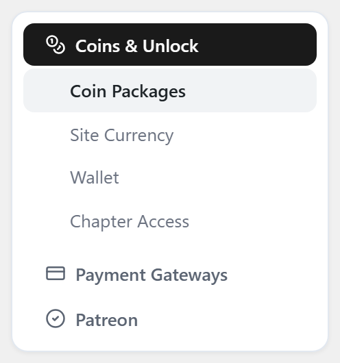 The Monetization settings menu, showing the three tabs and the sections inside Coins and Unlock