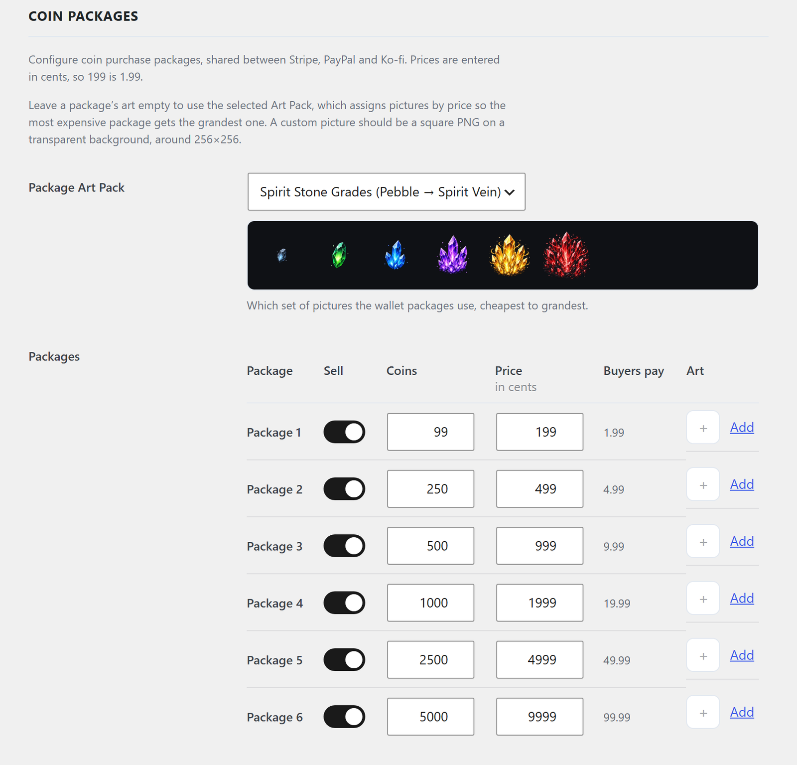 The Coin Packages settings: an art pack chooser above a table of six packages with sell, coins, price and art columns