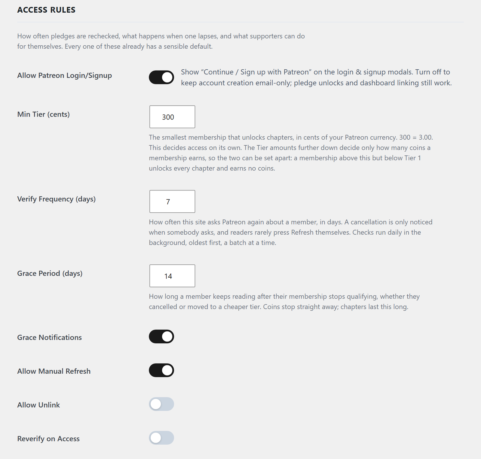 The Access Rules card: Patreon login switch, minimum tier, verify frequency, grace period, and four switches for what supporters can do