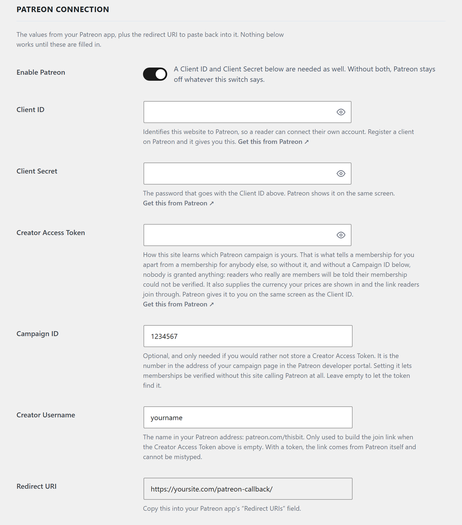 The Patreon Connection card: enable switch, Client ID, Client Secret, Creator Access Token, Campaign ID and Creator Username, each with a link to where Patreon gives it