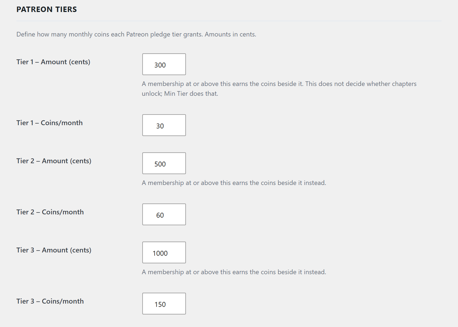 The Patreon Tiers card: three numbered rows, each an amount in cents and a number of coins per month