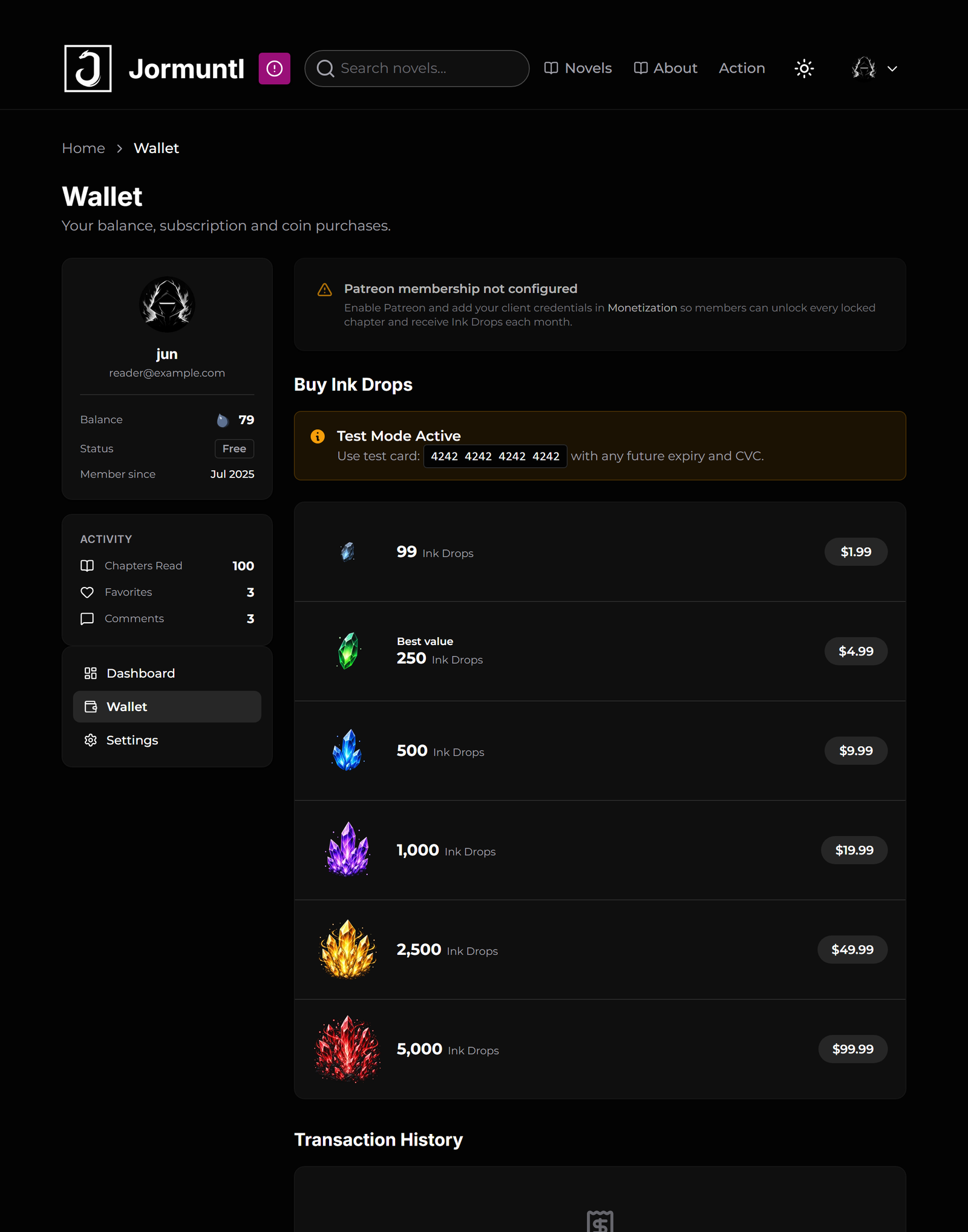 The wallet: profile card with balance on the left, a Patreon status panel and the six coin packages on the right, with a test-mode banner above them