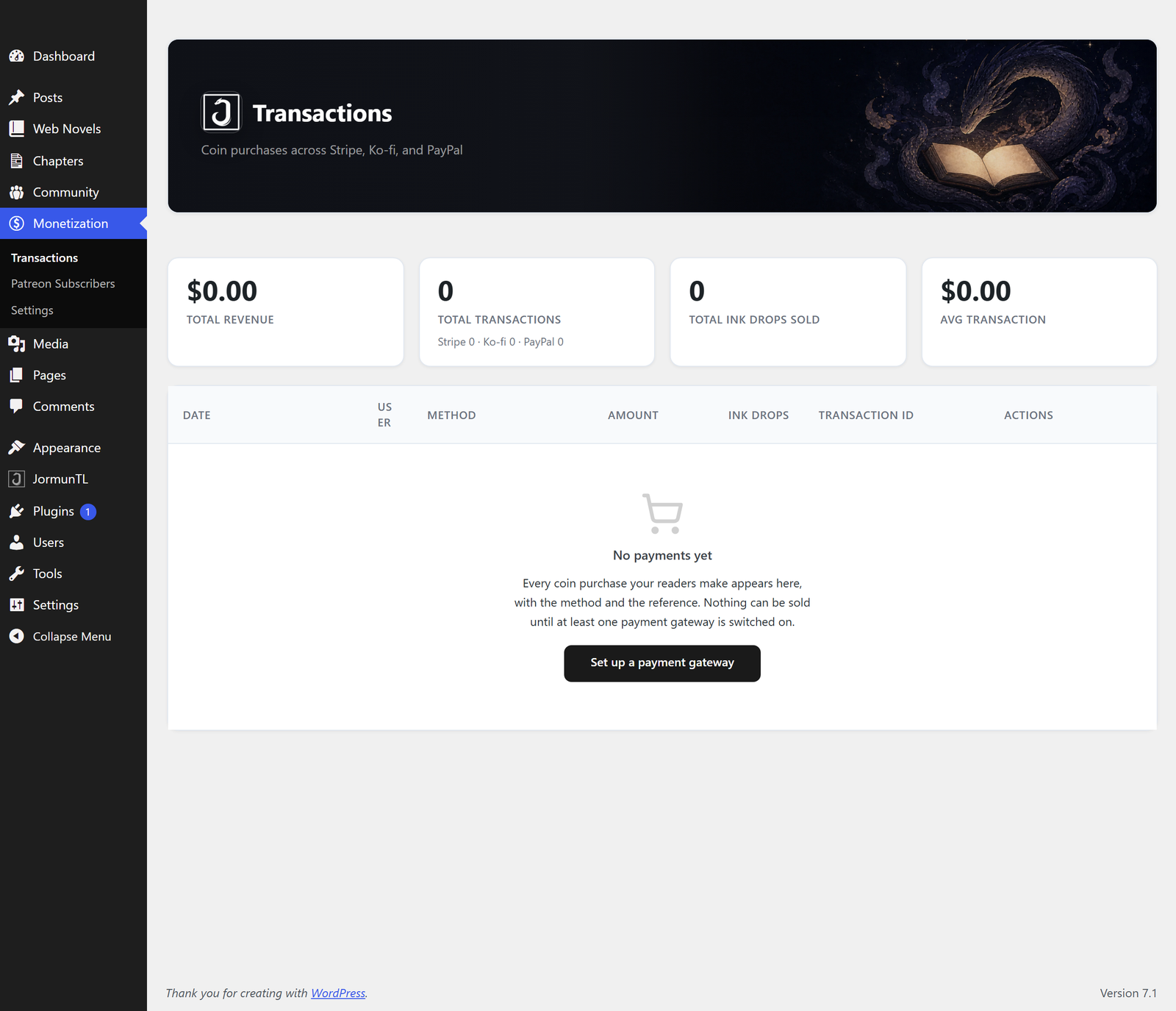 The Transactions screen, showing four summary figures above the list and, on a site with no sales yet, an empty state pointing at the gateway settings