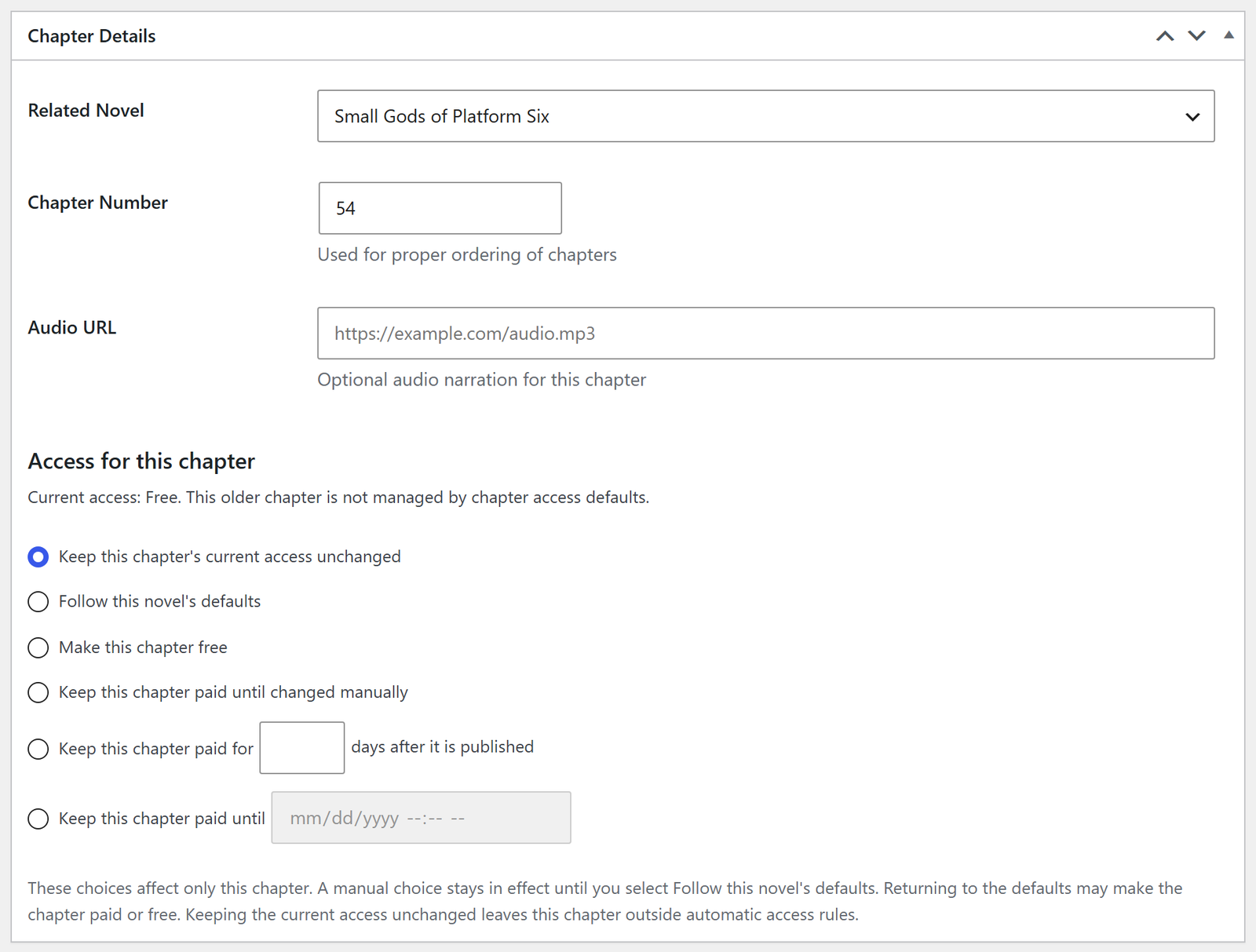 The Chapter Details box: the parent novel, the chapter number, audio narration and the access controls