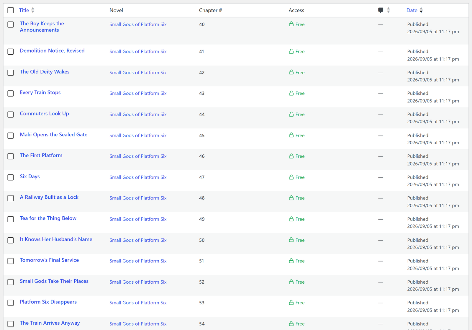 The Chapters list, showing each chapter with its novel and number