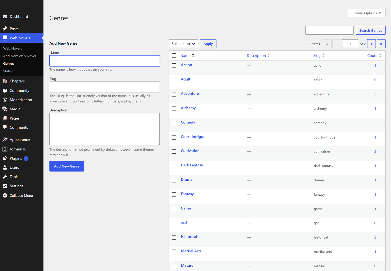 The Genres screen, with the add-new form beside the list of existing genres and their counts