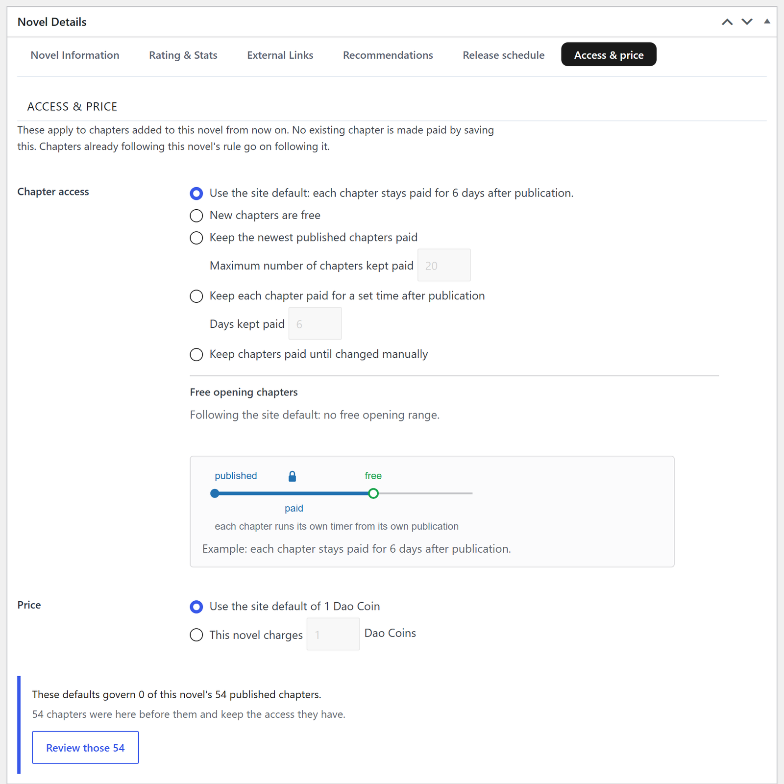 The Access and price tab: chapter access rules, free opening chapters, price, and a note saying how many existing chapters the rule governs