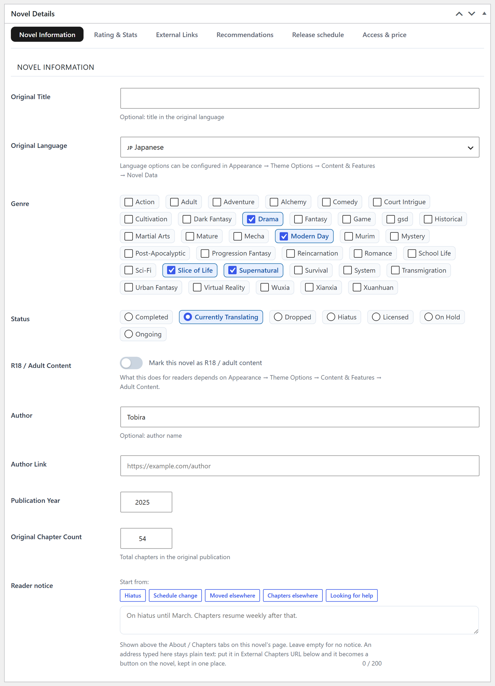 The Novel Information tab: original title and language, genre checkboxes, status radios, the adult-content switch, author, publication year and the reader notice